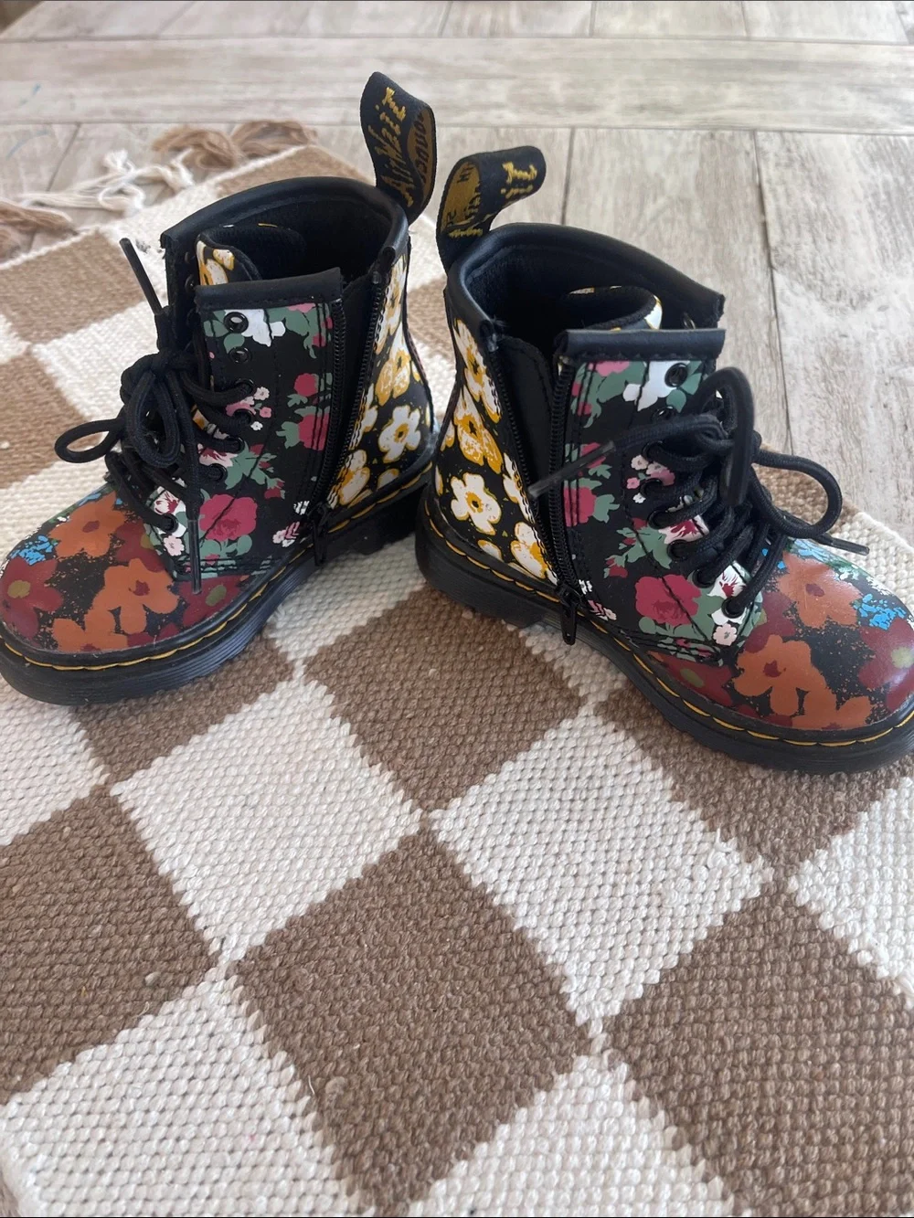 Dr. Martens Kids Floral Lace-Up Boots in Black with Multi-Color Flowers